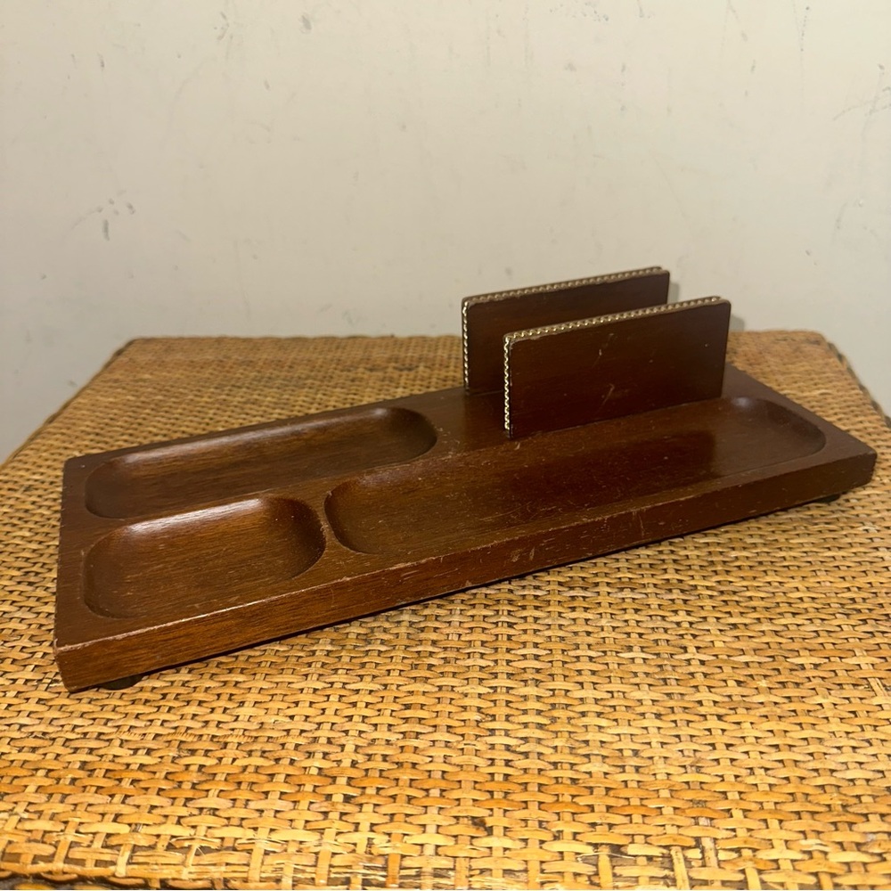 Vintage Swank MCM Valet Wood Tray Organizer Japan Desk Dresser Office Brown